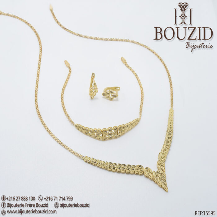 Parure Or Jaune 18K – Motif Feuille Élégant | Bijouterie Frères Bouzid Tunisie