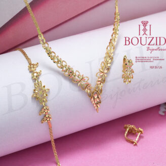 Parure Or Jaune 18K Motif Fleur – Collier, Bracelet et Boucles | Bijouterie Frères Bouzid Tunisie