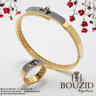 Bracelet et Bague en or jaune 18K – Élégance graphique | Bijouterie Frères Bouzid Tunisie