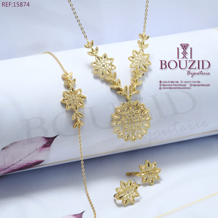 Parure Or Jaune 18K Fleur Dentelle – Bijoux Tunisiens | Bijouterie Frères Bouzid