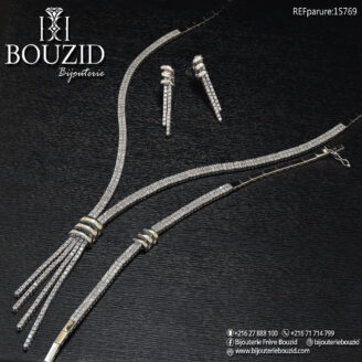 Parure Or Blanc 18K – Motif Feuille Étincelant | Bijouterie Frères Bouzid Tunisie