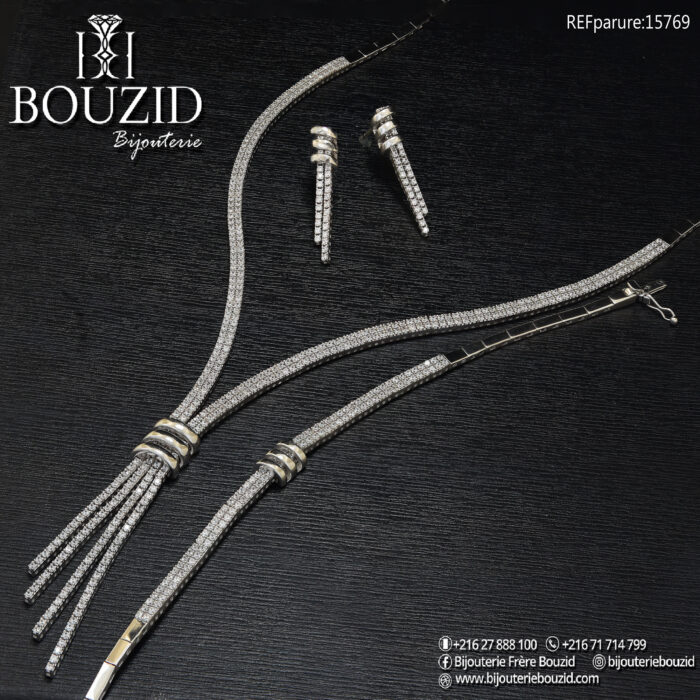 Parure Or Blanc 18K – Motif Feuille Étincelant | Bijouterie Frères Bouzid Tunisie