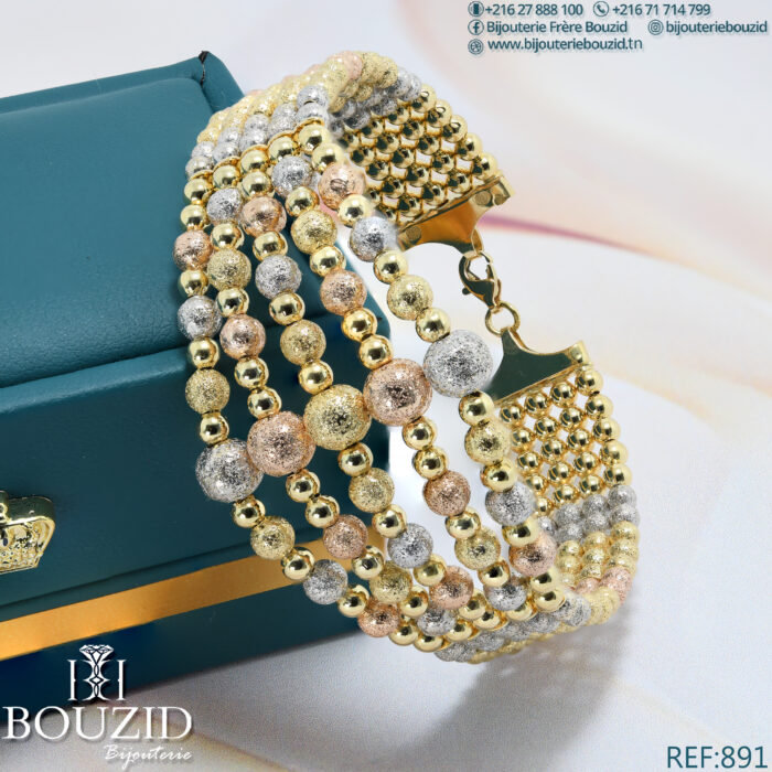 Bracelet Or 18K Perles Tricolores – Élégance & Finesse – Bijouterie Frères Bouzid