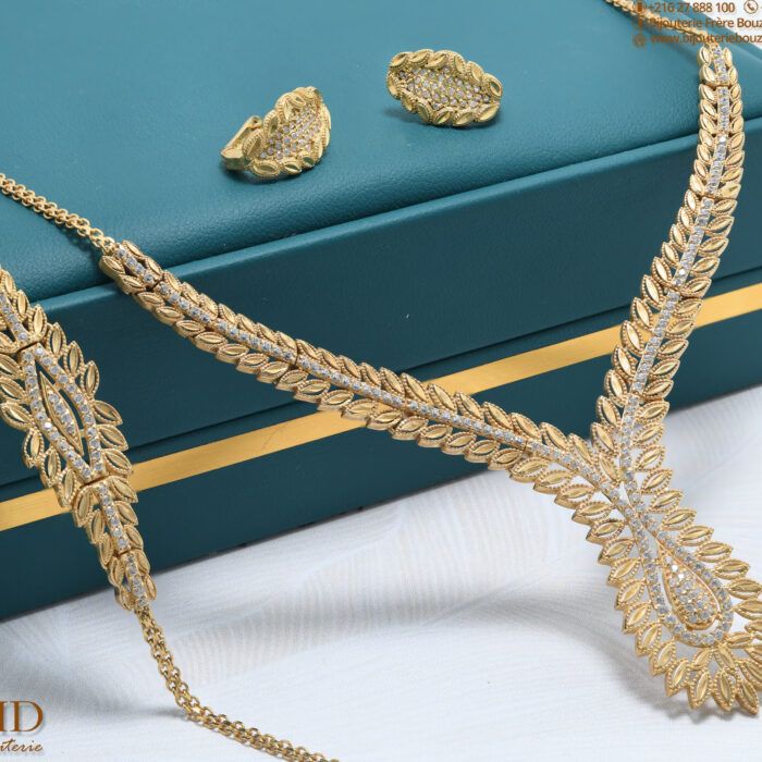 Parure Or 18K – Parure élégante feuille sertie de zircons | Bijouterie Frères Bouzid